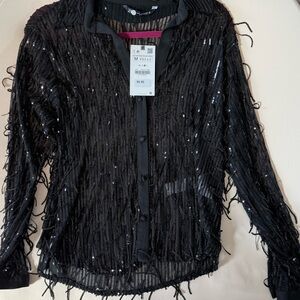 Zara Black Sequin Button-Up Blouse